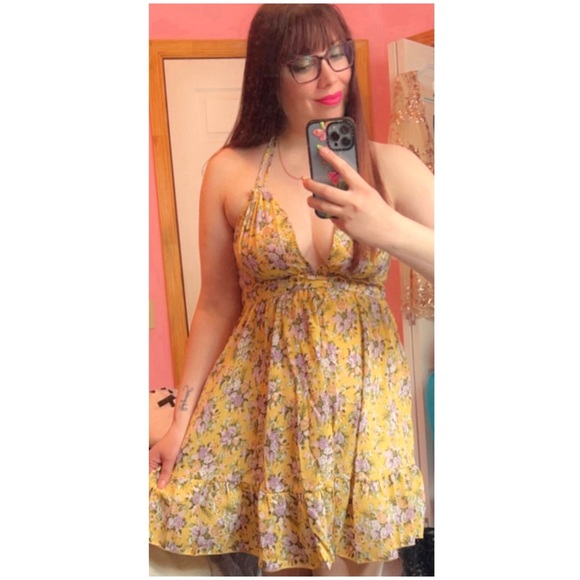 SHEIN Yellow Halter Floral Dress - Picture 1 of 8